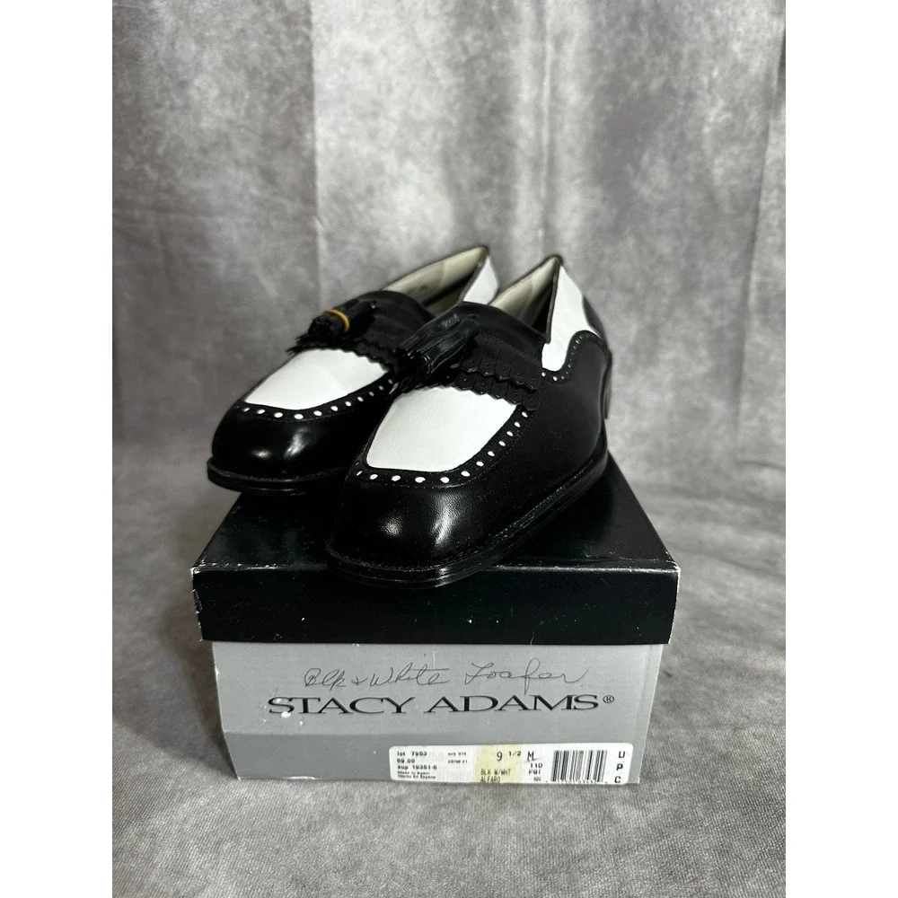 Vintage Stacy Adams Mens 9.5 M Black White Leather Tassel‎ Kiltie Loafers Spain